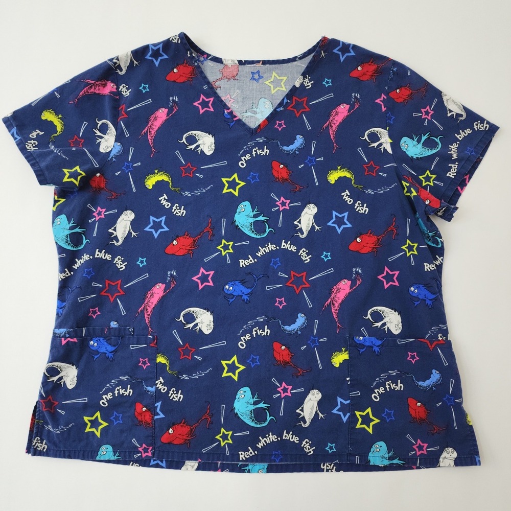 Dr. Seuss One Fish Two Fish Red Fish Blue Fish Scrub Top Navy V-Neck XL